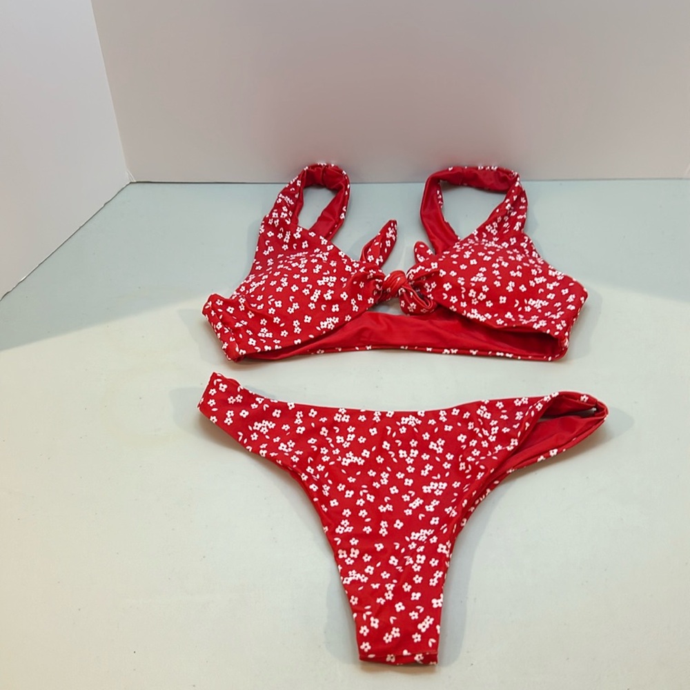 Red and White Floral Matching Bikini Set